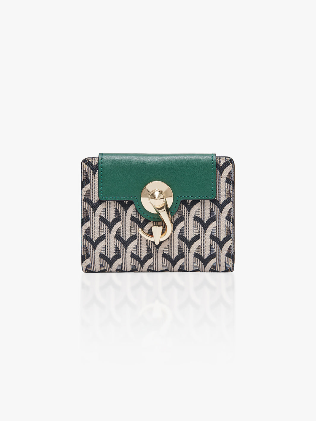 Green wallet with geometric pattern on a white background