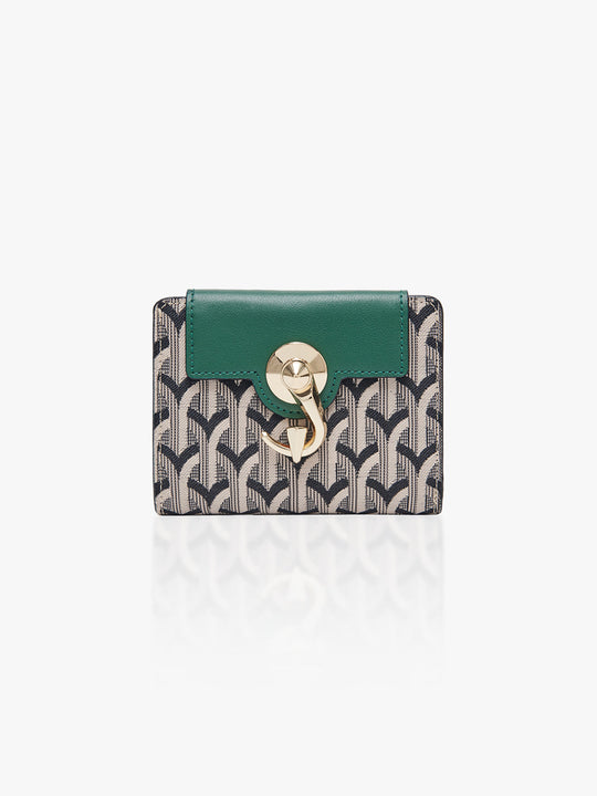 Green wallet with geometric pattern on a white background