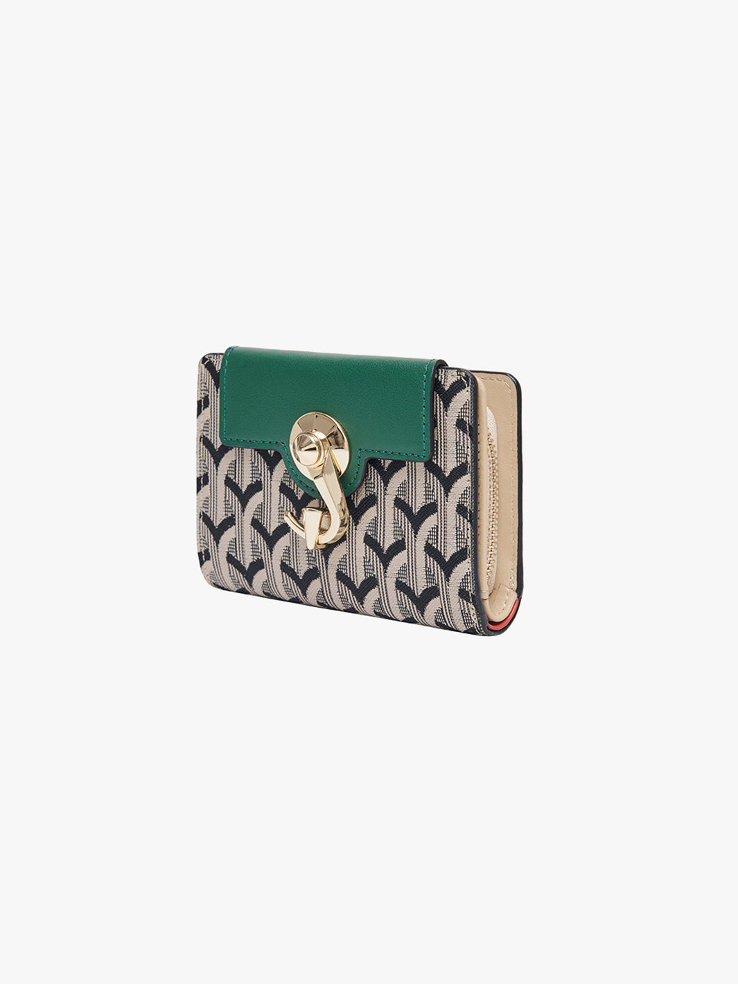 Green and patterned wallet with a gold emblem on a white background