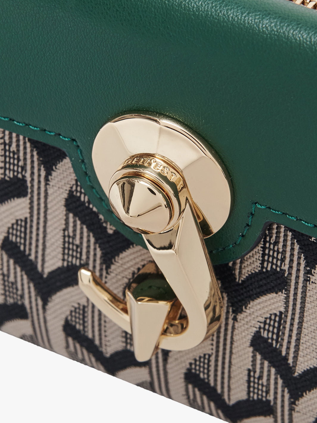 Close-up of a green handbag with gold clasp and patterned fabric.