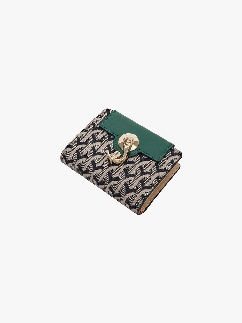 Small wallet with green top and patterned body on a white background