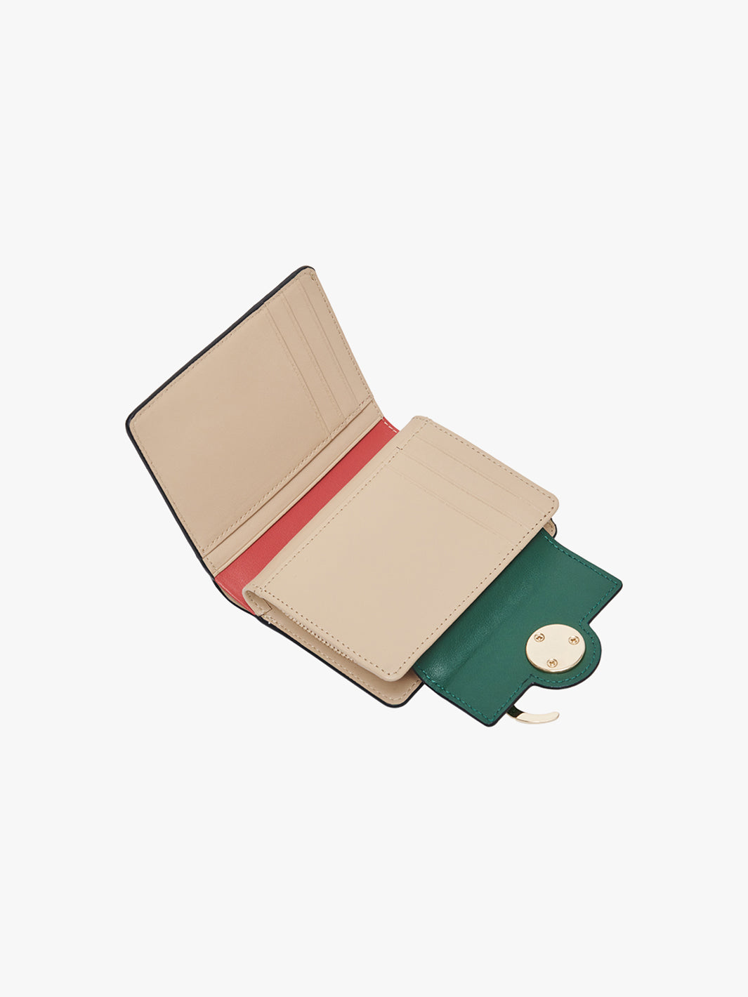 Green and beige wallet with a red strap on a white background